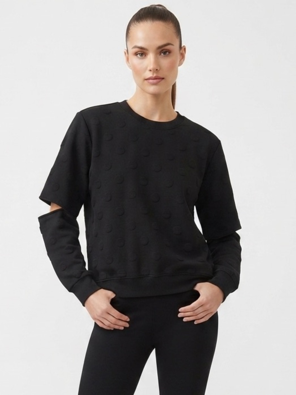 JoyLab Black Textured Dot Sweatshirt Size Small - Picture 2 of 10